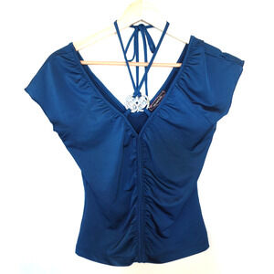 Vintage Y2K Top Small Ruched Halter Rhinestone Fairy Boho Whimsy Babydoll Plunge